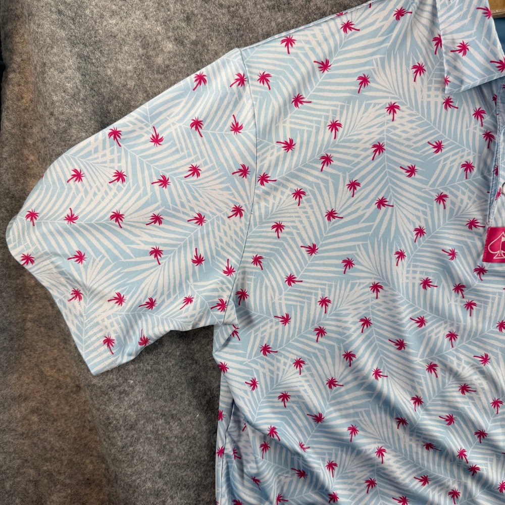 Pins & Aces Polo Shirt Men XXL Blue Pink Tropical Palm Tree Performance Golf Tee - Picture 4 of 13